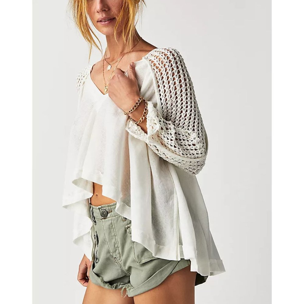 🆕 FREE PEOPLE crochet sleeves Castaway high/low Top / Ivory XL NWT